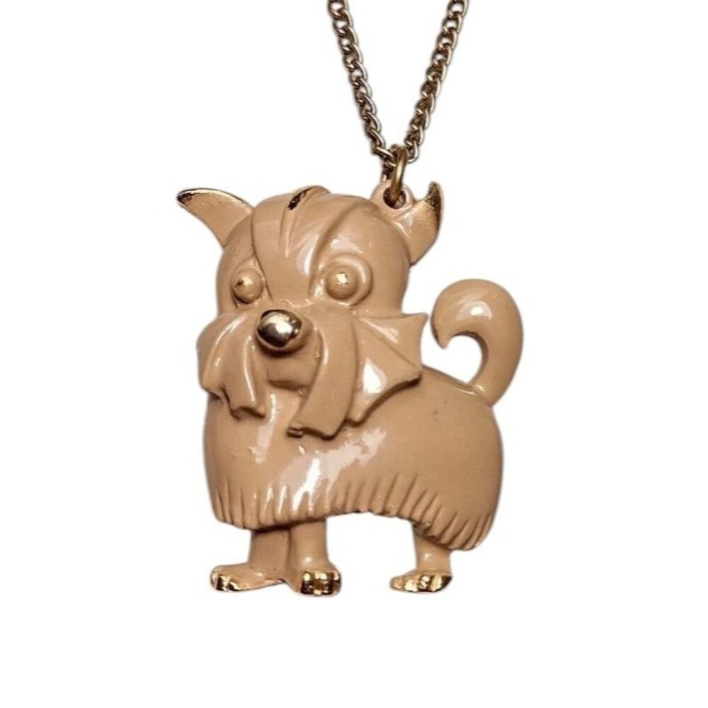 Vintage Yorkie Yorkshire Terrier Dog Pendant Necklace Enamel Gold tone